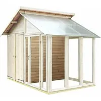 Gartenhaus PLUS, beige - Praktisches Holz-Gartenhaus mit Polycarbonat-Dach - Gartenhäuser, 6,6 m² Abstellraum und Gewächshaus, aus unbehandeltem Holz und Sicherheitsglas, ideal für Gartenliebhaber.