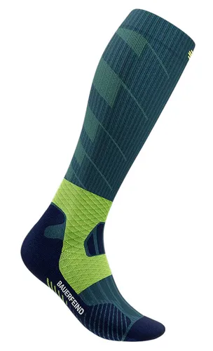 Bauerfeind Sports Damen Trail Run Kompressionssocken 43-46 - Knielange Sportsocken für Trailrunning und Roadrunning, bieten optimale Kompression und Komfort für aktive Frauen. Farbe: Blau, Größe: 43-46.
