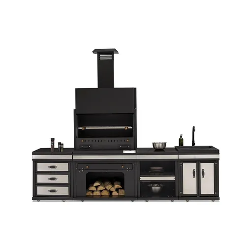 Moderne Außenküche aus Edelstahl in Schwarz - Freistehende Außenküche aus robustem Edelstahl, ideal für Grillabende. Mit großzügigem Kochbereich von 80 x 40 cm bietet sie ausreichend Platz für kulinarische Abenteuer. Maße: 284 x 72 x 181 cm.