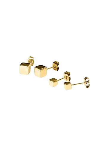 Purelei® Würfel-Ohrring-Set – 2 Paar minimalistische Edelstahl-Ohrstecker, 14K vergoldet, Roségold oder Silber – geometrischer Look – klein & groß – 4,5 g – für Damen - wasserfest (Gold)