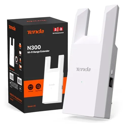 Tenda WLAN Verstärker Repeater A9, 300 Mbit/s, Ethernet-Port 10/100 MBit/s, Abdeckung bis zu 120 m², WPS, AP-Modus, kompatibel mit FritzBox, einfache Installation, unterstützt IPv6