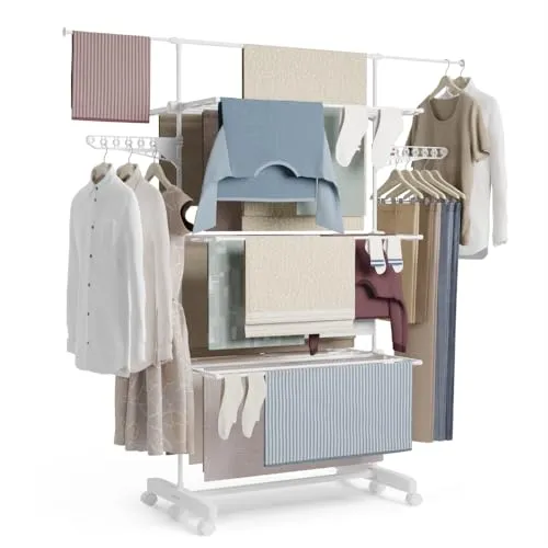 NEWLUX- Wäscheständer ausziehbar Fold Care V60 XXL Weiße mit Rollen, 5 Doppelebenen und 18–21 m Wäscheleine. Clothes Drying Rack mit Halterung für Kleiderbügel und 1,5 m Lange Kleidungsstücke