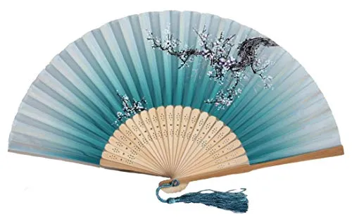 AAF Nommel ®, 1 STK Sommer Hand Bambus Wind Deko Fächer türkis blau Natur Blumen Nylonstoff transparent Nr. 916