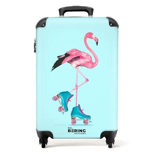 NoBoringSuitcases.com© Kinderkoffer mit leuchtenden Rädern - Flamingo - Blau-Rosa, 55x35x20cm - Koffer für Kinder im Handgepäck-Format mit fröhlichem Flamingo-Motiv, 36 Liter Stauraum und nur 2,6kg Gewicht – ideal für stressfreies Reisen!
