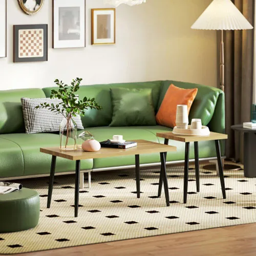2er Set Couchtisch mit Stahlrahmen und Holzoptik