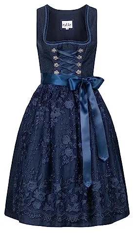 Nübler Dirndl midi Damen GLORIA Blau - 2-teilig Set mit Kleid und Schürze, Jacquard Ornamentik, Tüllschürze mit Blüten und Perlen, Reißverschluss, Rocklänge 60cm, ideal für festliche Anlässe, Größe:48