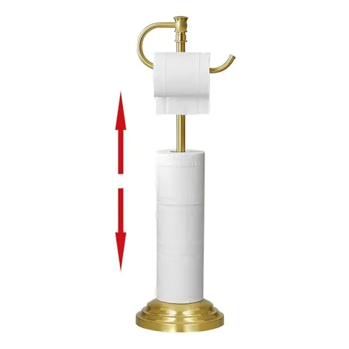 RUMOSE Toilettenpapierhalter Ständer für Boden, gebürstetes Gold, verstellbar (31,5 cm bis 57,9 cm), Badezimmer-Toilettenpapierhalter, freistehender Toilettenpapierrollenhalter mit Aufbewahrung,