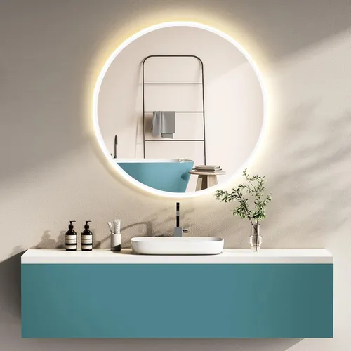 HOKO Design Badspiegel rund 80 cm Wien mit Metall Rahmen Weiß. Energiesparend LED beleuchtet + Touch Schalter + LED Licht Wechsel.