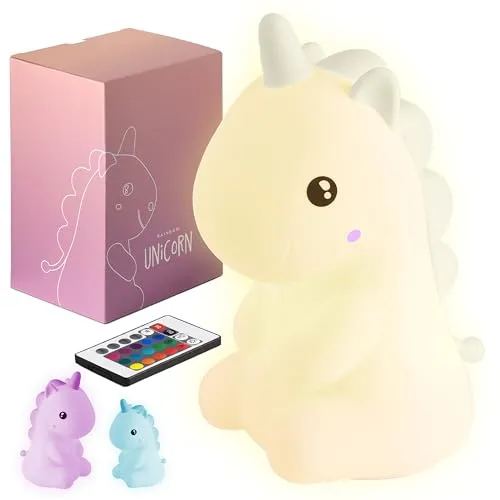 Einhorn-Lampe - Nachtlicht für Kinder - Kinderzimmer - Wiederaufladbar USB-C mit Fernbedienung - Mehrfarbig und warmes Licht - Weiche Silcone - Timer Regenbogenlichter