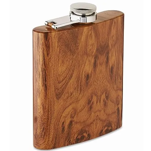 Edelstahl Flachmann Auslaufsicher Nachhaltiger Hip Flask Schnapsflasche 90% Recycling Edelstahl 190 mL in Holzoptik mit festem Schraubverschluss für Outdoor Wandern Skifahren