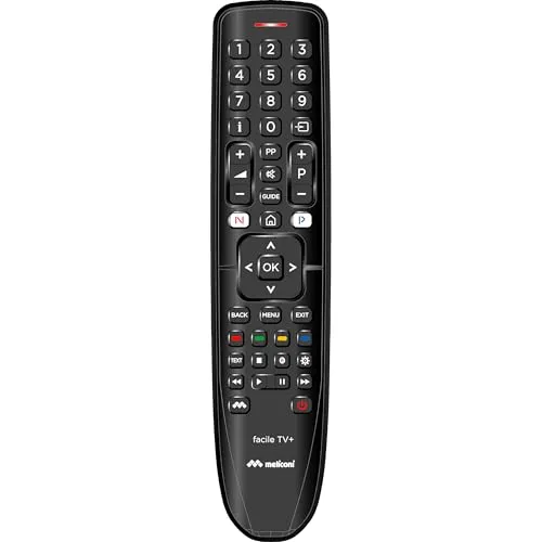 MELICONI GUMBODY FACILE TV+ Universal-Fernbedienung - TV-Fernbedienung, ergonomisches Design aus Gummi für besseren Halt und Schutz, kompatibel mit über 50.000 Geräten von mehr als 1.500 Marken, inkl. Lernfunktion für einfache Programmierung.