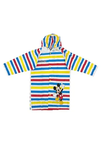 Disney Mickey Mouse Kinder Regenmantel mit Kapuze bunt gestreift wasserdicht Jungen Mädchen Regenjacke mit Knopfleiste Maschinenwäsche (DE/NL/SE/PL, Numerisch, 110, 116, Regular)