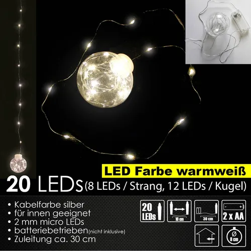 Kugel Lichterkette 20 Micro LED Ø 8 cm warmweiß Batterie Lichterkugel Innen Deko
