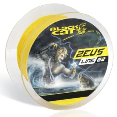 Black Cat Zeus Line gelb G2 250m - Hochleistungs-Wallerschnur - Angelschnur von Black Cat, 250m lang, mit 46kg Tragkraft. Ideal für Wallerangler, dank 8-fach rund geflochtener und abriebfester Konstruktion.