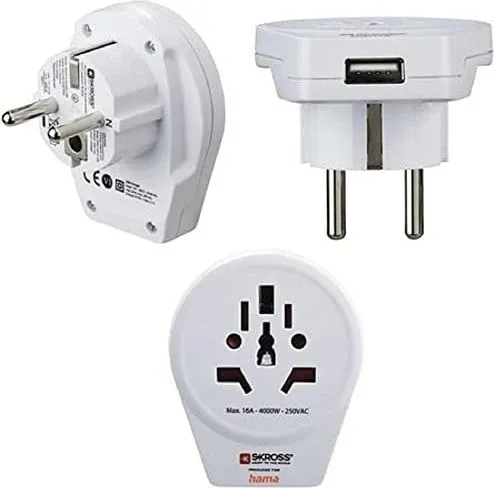 SKROSS Country Adapter World to Europe USB - Universeller Reiseadapter mit USB-Anschluss für 16A und 2.4A Ladefunktion, ideal für Europa-Reisen