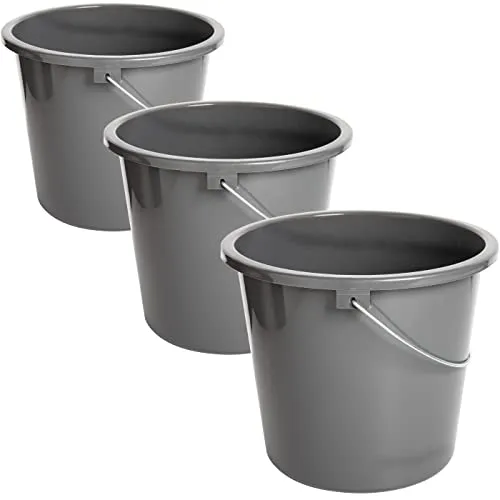 Putzeimer 10l, Eimer 3er Set, Wischeimer mit Meßskala und Metallgriff, Putzkübel aus Kunststoff, Plastikeimer ohne BPA, Wascheimer grau, langlebig, vielseitig und robust, Made in EU