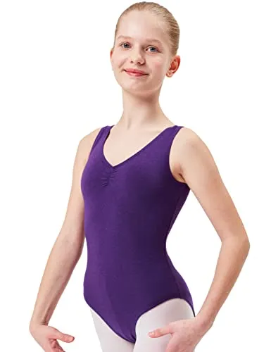 tanzmuster Ballett Trikot Mädchen ärmellos - Mona - Baumwolle - Lila 104/110 - geraffter Ausschnitt - Tanz Body - Ballettkleidung für Kinder