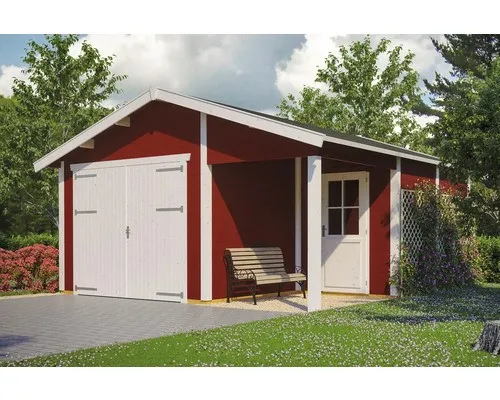 Skanholz Garage Varberg 2 - 500 x 525 cm - Robuste Holzgarage aus nordischer Fichte, 4-seitig gehobelte 45 mm Wandbohlen, inklusive Dachpappe und Türen mit Echtglas. Ideal für sicheren Schutz Ihres Fahrzeugs!