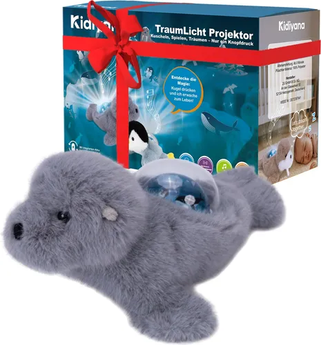 Interaktives Kuscheltier mit Baby Einschlafhilfe, Plüschtier & Himmel Projektor, Schlafmusik, Bewegungs- & Weinsensor, Wiederaufladbar, Geschenk ab 0 Monat, Seelöwe