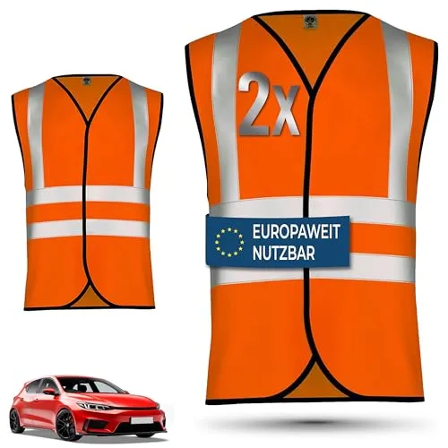 OMKA Warnwesten 2er Set Auto – Sicherheitswesten Herren & Damen nach EN ISO 20471:2026 – Reflektierende Warnwesten 360° Sichtbarkeit – Europaweit gültige Pannenwesten für PKW, KFZ & Reisen, L