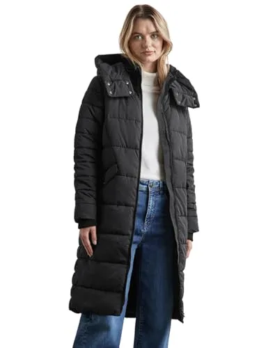 STREET ONE Damen A201975 Gefütterte Lange Jacke, Schwarz, Größe 34 - Funktionsjacke mit abnehmbarer Kapuze und seitlichen Taschen, ideal für kalte Tage und angenehm wärmend.