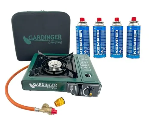 GARDINGER Kartuschenkocher CAMP Allgas mit Koffer und 4 Kartuschen - Mobiler Gaskocher für Camping und Garten, mit Piezozündung und kompakter Transportbox, ideal für die Zubereitung von Speisen im Freien.