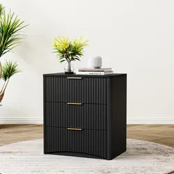 Nachttisch Klassisch Aus Mdf In Schwarz Mit 3 Schubladen Und Rillenfront, 58x38x64 Cm