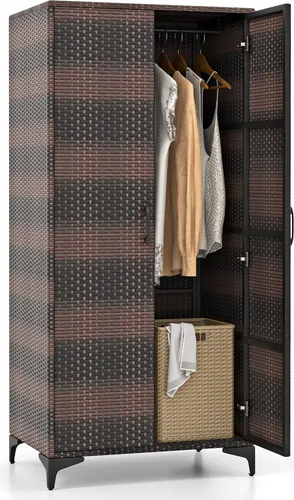 COSTWAY Korbschrank mit 2 Türen, 157 cm hoher Kleiderschrank aus PE-Rattan mit Kleiderstange und 4 Fächern Schwarz/Braun-Mix