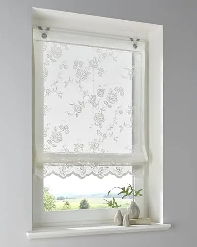Kutti Raffrollo Florence Rose mit Spitze und Volant - Raffrollo in Offwhite, 45x130 cm, mit romantischem Rosenmotiv und einfacher, werkzeugfreier Montage. Halbtransparent und pflegeleicht, ideal für stilvolle Fensterdekoration.
