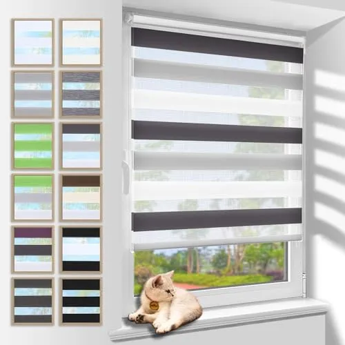 Zarnan Doppelrollo Klemmfix ohne Bohren Weiß-grau-anthrazit 85x150cm(Stoffbreite 81cm) Duo Rollo Blickdicht Zebrarollo Rollos für Fenster ohne Bohren für Wohnzimmer Küche Büro lichtdurchlässig