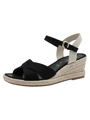 Tamaris Keilsandalette, modische Riemchensandale in Schwarz - Wanderschuhe mit modischer Kreuzbandage, ideal für den Sommer. Bequem dank ANTIslide-Technologie und 6 cm Keilabsatz für perfekten Halt.