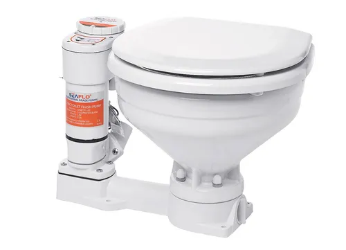 Compass Elektrische Campingtoilette - Die kompakte elektrische Toilette von Compass bietet eine einfache Installation und flexiblen Betrieb auf Booten. Mit hochwertigem Holzdeckel und integrierter Schneidemaschine ist sie ideal für komfortable Nutzung unterwegs.
