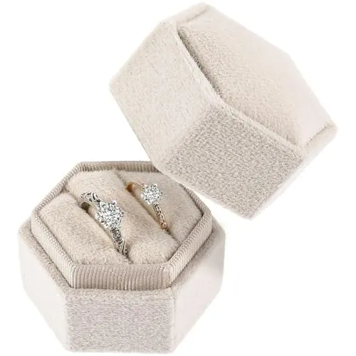 JJiaoLinin Ringbox Hochzeit aus Samt, 2 Slot Ringkästchen, Elegante Schmuckschatullen Mit Abnehmbarem Deckel, für Hochzeit,Vorschlag,Valentinstag, Einkaufszentrum Zähler Schmuck Display(Beige)