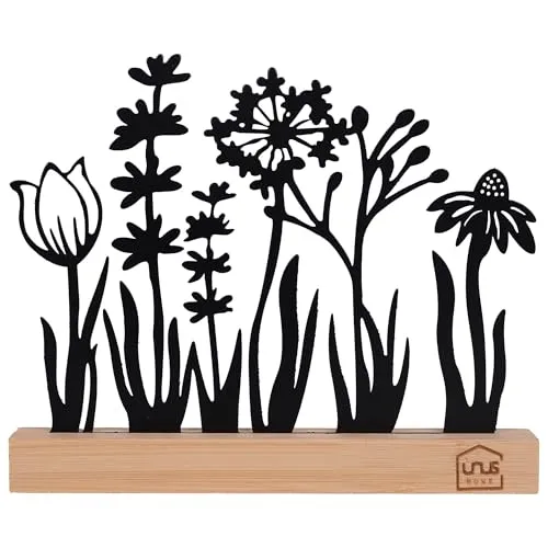 UNUS Aufsteller Silhouette Dekorative Blumenwiese Metall mit Bambusholzsockel, Ideal für Fensterbank, Küche oder Wohnzimmer Schwarz