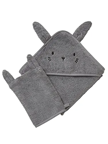 VERTBAUDET Kapuzenbadetuch + Handschuh, Bio-Baumwolle, Anthrazit, 100 x 100 cm