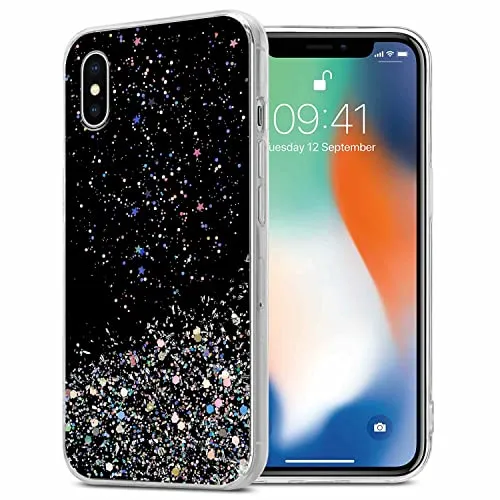 Cadorabo Hülle kompatibel mit Apple iPhone X/XS Rundumschutz TPU Silikon Case Mädchen Glitzer Strass Design Slim Kratzfest Weiche Gummi Bling Schutzhülle für Apple iPhone X/XS in Schwarz
