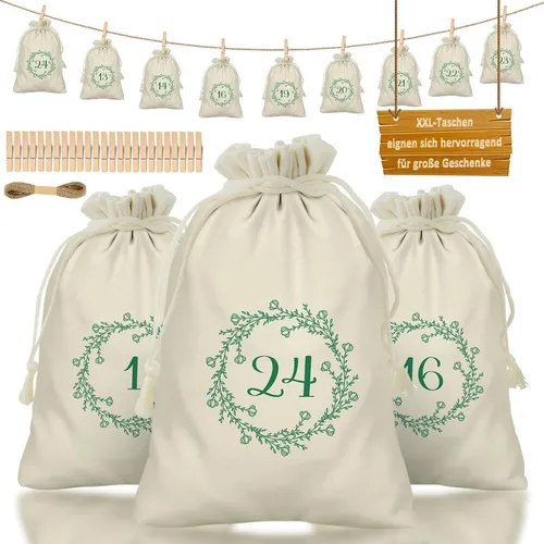Adventskalender zum Befüllen, 24 Stoffsäckchen in Beige