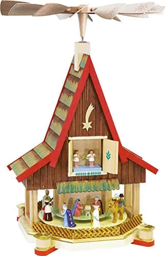 Richard Glaesser Weihnachtspyramide Adventshaus Christi Geburt, 53 cm - Weihnachtspyramide aus dem Erzgebirge, handgefertigt, mit 4 Kerzenhaltern und buntem Design für festliche Stimmung in der Adventszeit.