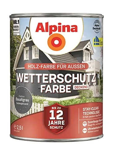 Alpina Wetterschutzfarbe 2,5 L basaltgrau - Wetterfeste Farbe für Außenanstriche, schützt Holz und Metall vor Witterungseinflüssen in stilvollem basaltgrau.