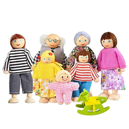 Watme 7-köpfige Puppenhaus Puppen, Puppenfamilien für Kinder Spiel Haus Geschenk Holz