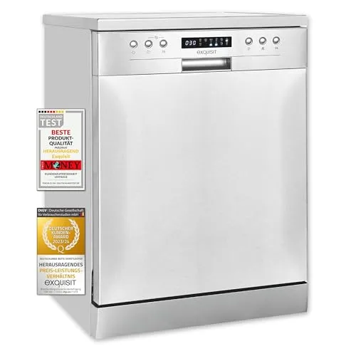 Exquisit Geschirrspüler GSP9414-030D inox - 60 cm, 14 Maßgedecke, Aquastop - Geschirrspüler, 6 Spülprogramme, ideal für 3-5 Personen Haushalte, mit energiesparendem ECO-Modus und Auto Türöffner für mehr Komfort.