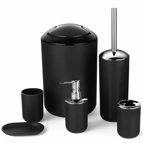 6-TLG Badset Badezimmer Zubehör Set Organizer: Seifenspender, Zahnputzbecher, Kosmetikeimer, WC Bürste und Halter, Seifenschale, Mülleimer, Zahnbürstenhalter, Badgarnitur (Schwarz Design 3)