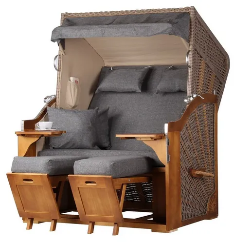 Strandkorb-Set 2-Sitzer Schleswig Pinie - Modell 560 - Strandkorb aus Pinienholz mit ausziehbaren Fußstützen und verstellbarem Oberkorb für optimalen Komfort. Inkl. Schutzhülle und Becherhalter, ideal für entspannte Stunden am Strand oder im Garten.