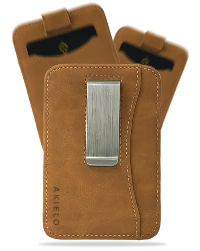 AKIELO Kartenetui mit RFID Schutz, Geldklammer und Geschenkbox – Minimalistisch Herren Geldbörse – Kompakte und Schlanke Wallet (Charlie - Hellbraune Ausgabe mit Geldklammer)