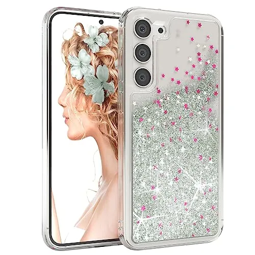 EAZY CASE Hülle kompatibel mit Samsung Galaxy S23 Plus Schutzhülle mit Flüssig-Glitzer, Handyhülle, Schutzhülle, Back Cover mit Glitter Flüssigkeit, TPU/Silikon, Transparent/Durchsichtig, Silber
