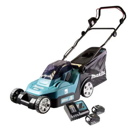 Makita DLM 432 RM2 Akku Rasenmäher 36 V mit 2x 4,0 Ah Akkus - Rasenmäher mit 43 cm Schnittbreite, leistungsstark und kabellos für müheloses Mähen auch bei größeren Flächen.