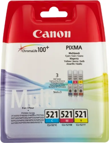 Canon CLI-521 C/M/Y Multi Pack - 3er-Pack - Gelb, Cyan, Magenta - Original - Tintenbehälter - für PIXMA iP3600, iP4700, MP540, MP550, MP560, MP620, MP630, MP640, MP980, MP990, MX860, MX870