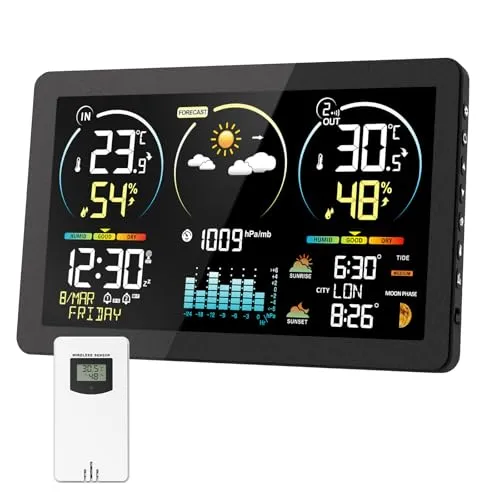 Wetterstation Funk mit Außensensor, Digital Farbdisplay DCF Funkuhr Innen und Außen Thermometer Hygrometer, Funkwetterstation mit Wettervorhersage, Temperaturwarnung, Barometer und Mondphase (Schwarz)