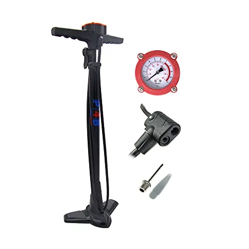 P4B | Luftpumpe in schwarz mit rundem Manometer + Adapter für Luftmatratze + Ballnadel | Fahrradpumpe für alle Ventile