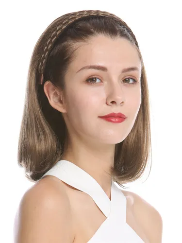 Halbperücke Haarteil mit geflochtenem Haarreif - goldbraun - Perücken & Haarteile, schulterlanges, glattes Kunsthaar in goldbraun, ideal für einen natürlichen Look und vielseitige Stylings.